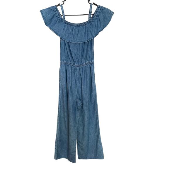 Abercrombie Kids Flutter Sleeve Wide Leg Denim Jumpsuit Pockets Girls Sz 13/14 - Picture 2 of 8